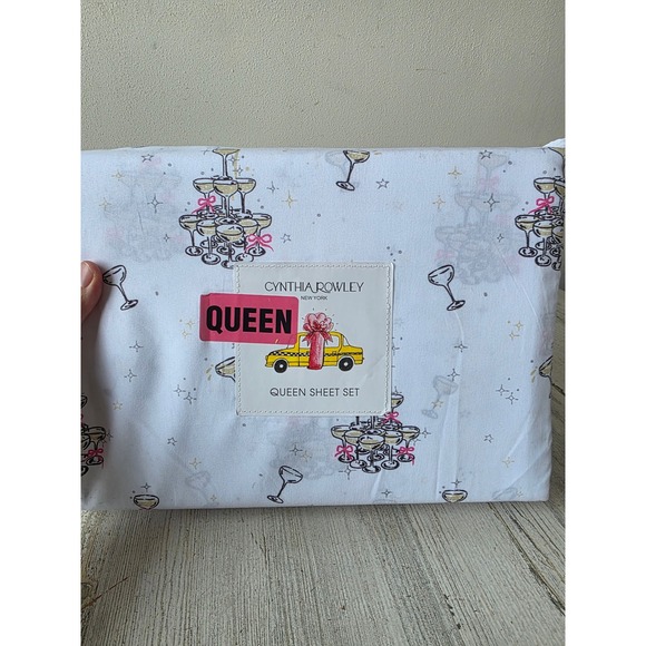 Cynthia Rowley Queen champagne party wine sheet set NEW pillowcase fitted fun